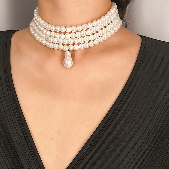 Four Row Pearl Choker Necklace Layered Gold - Picture 5 of 6